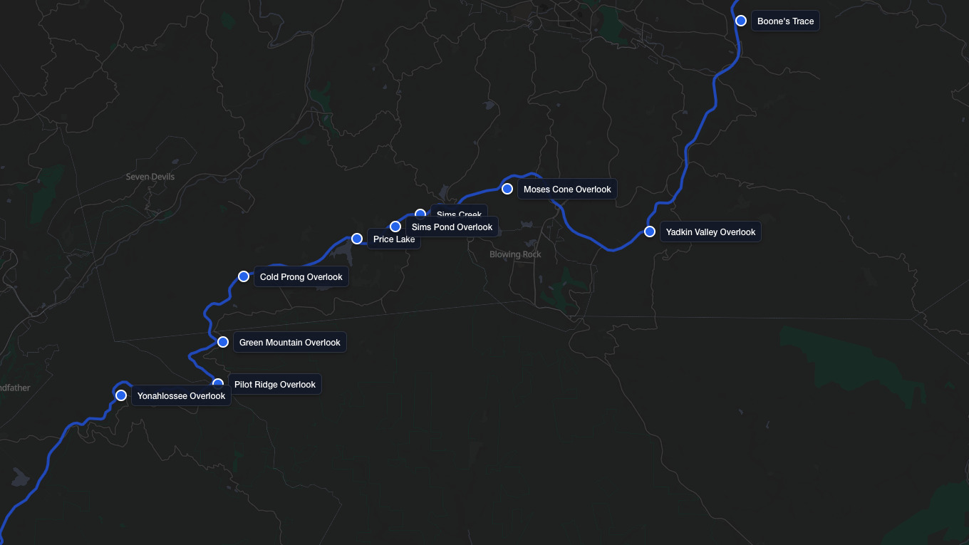 Interactive map screenshot of Parkway Overlooks